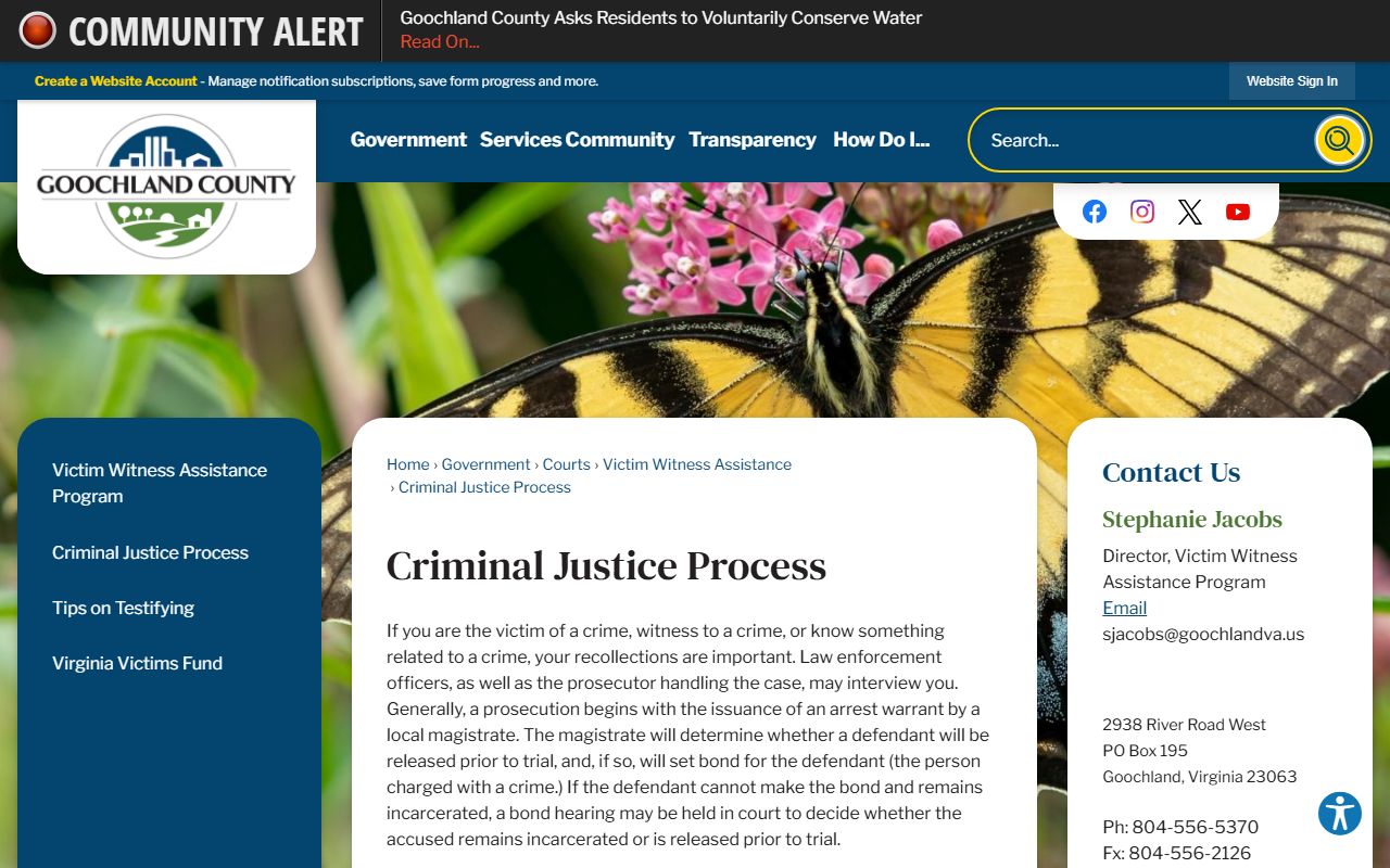 Goochland County criminal justice process page explaining arrest, bond, hearings, grand jury, and trial