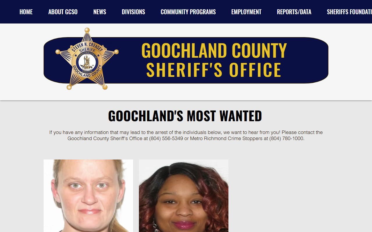 Goochland Sheriff's Office Most Wanted page with wanted-person cards