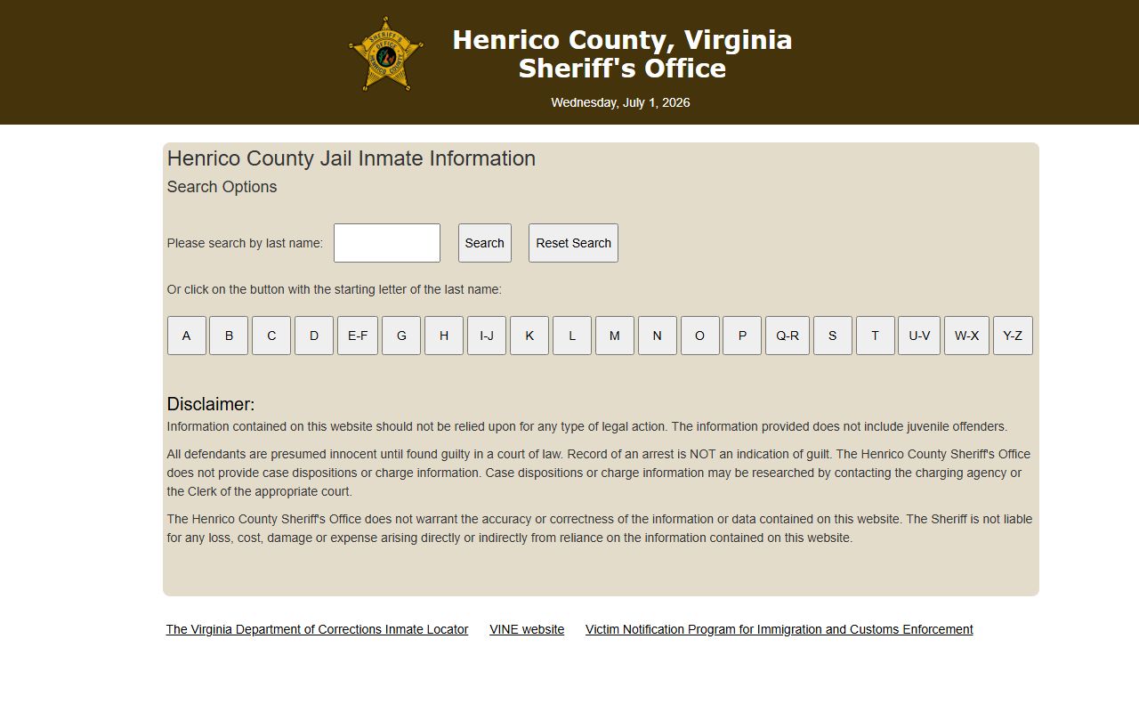 Henrico County jail inmate search interface