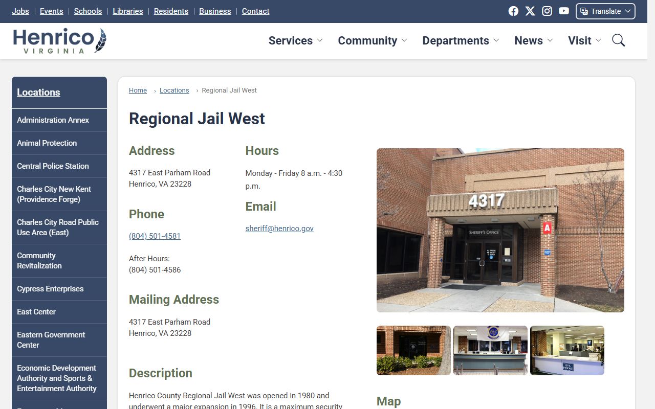 Henrico County Regional Jail West official facility page