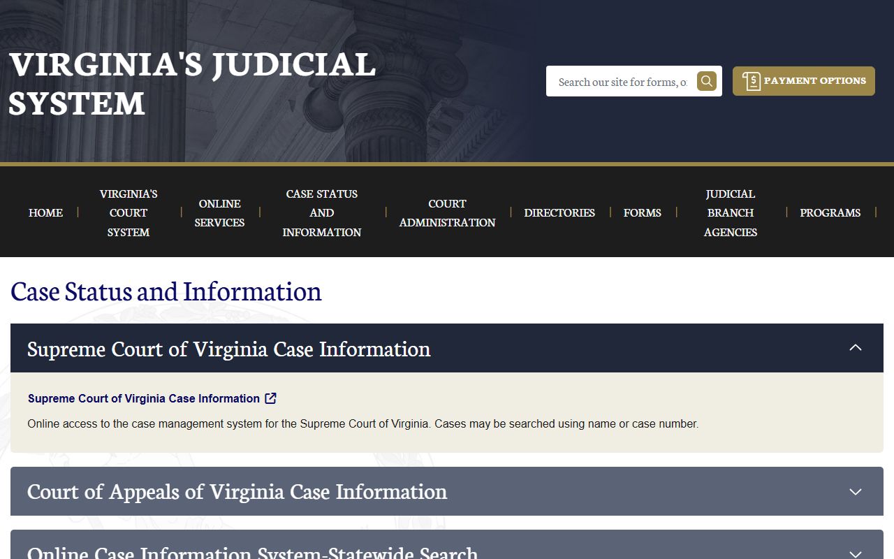Virginia Courts case information page with circuit, general district, and statewide case search options
