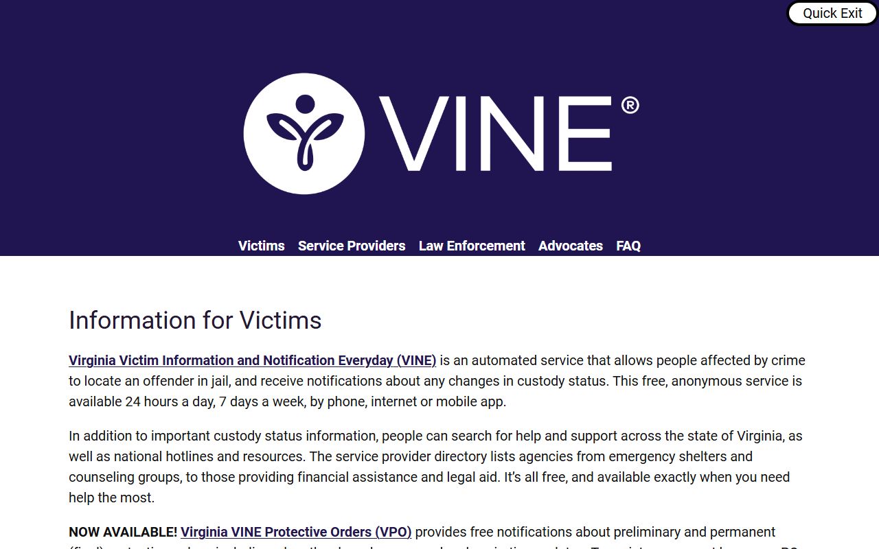 Virginia VINE custody notification information page